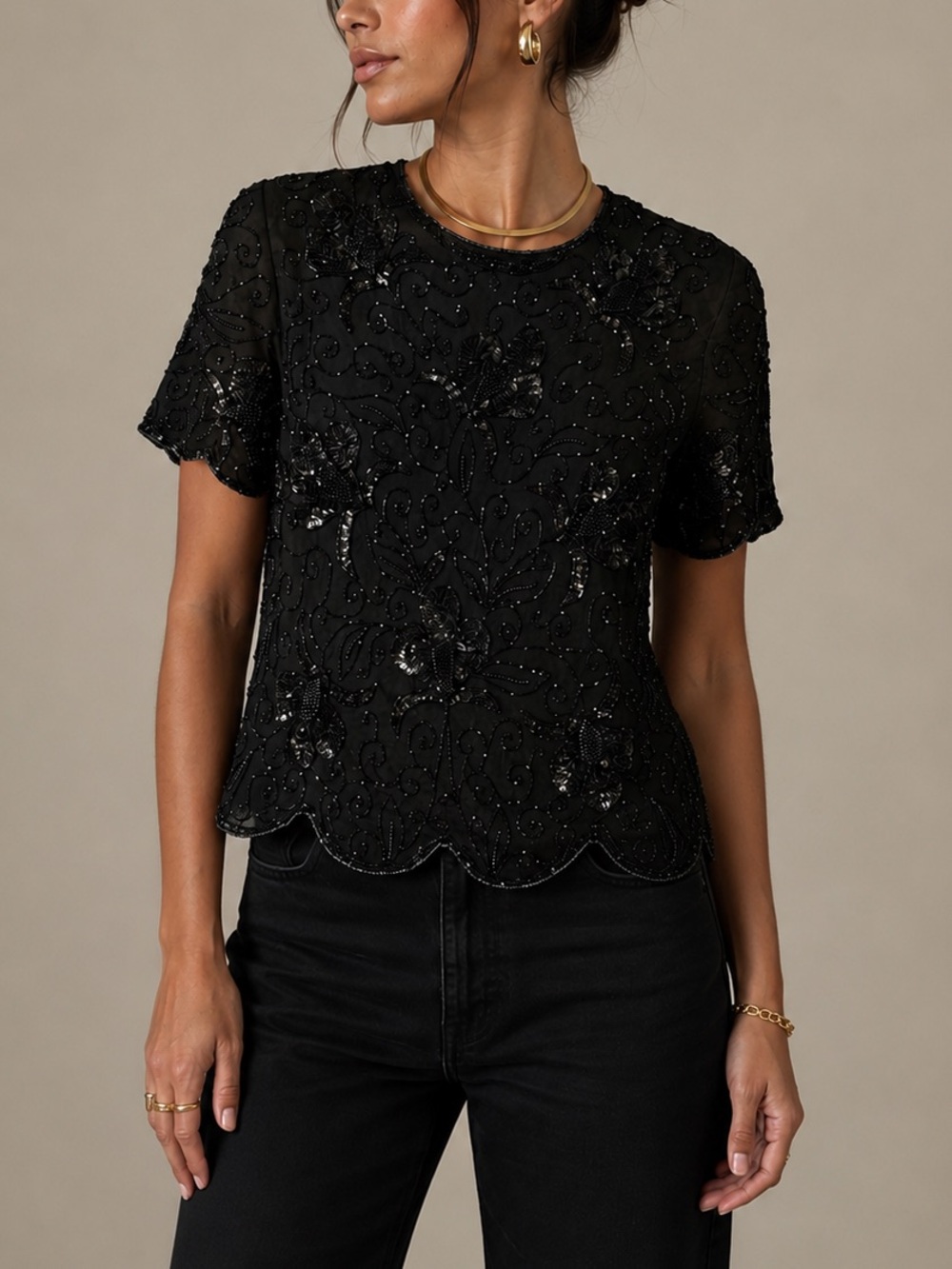 Vintage Black Beaded Silk Top